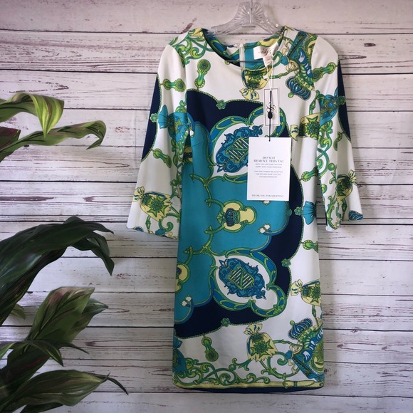 Julie Brown Equestrian Print Aqua teal print shift - Picture 7 of 7
